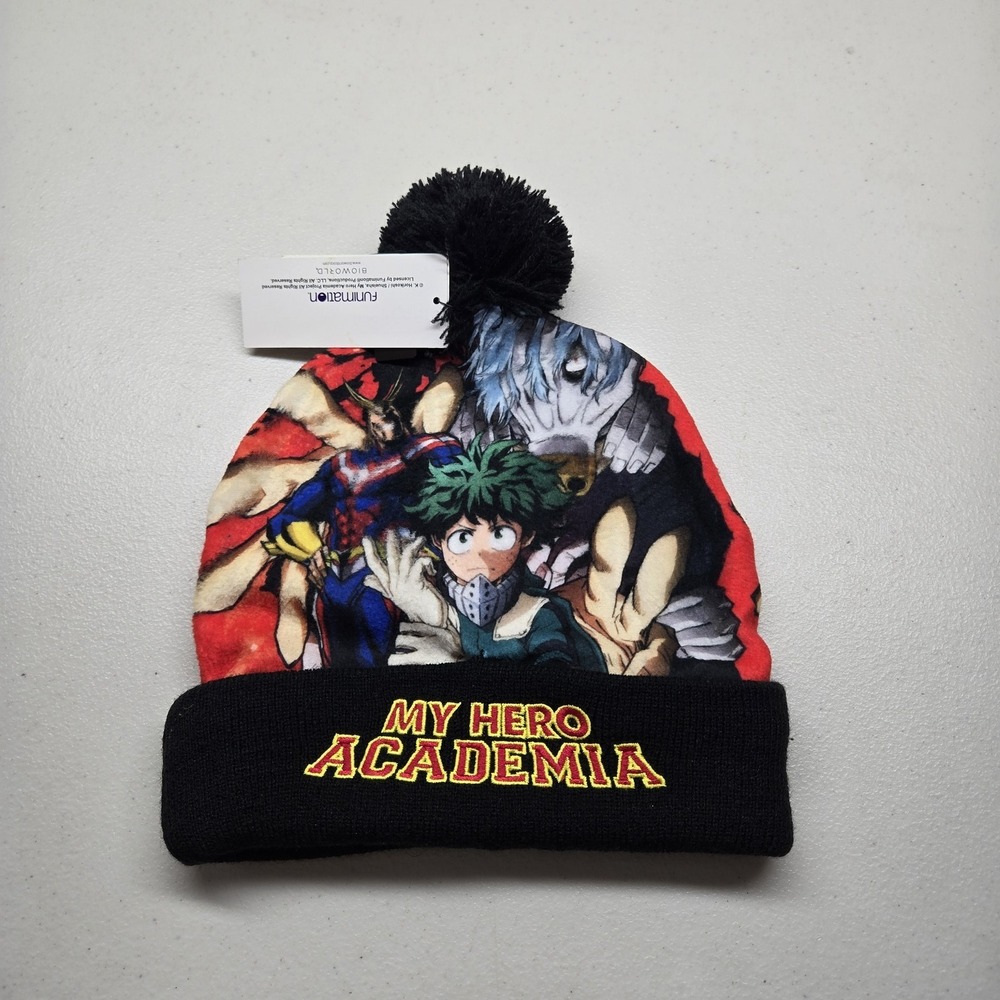 Hot Topic Men Beanie OS Black Bioworld Pom Logo Anime NWT‎